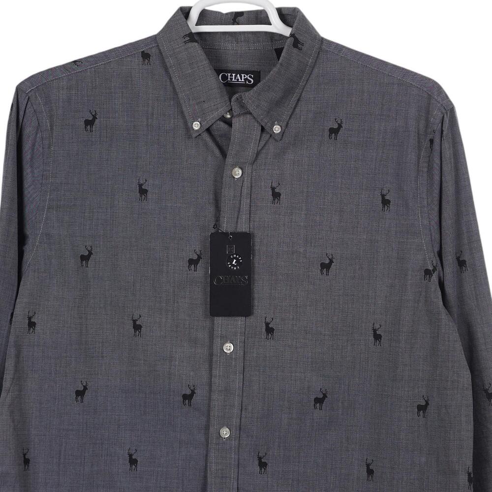 NWT Chaps Button-Up Shirt Men L Gray Deer Elk Print Long Sleeve Cotton Blend - Picture 2 of 8